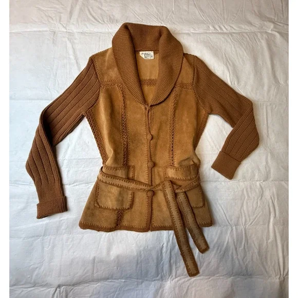 Vtg 1970's Belted Suede Knit Pieced Leather Crochet Cardigan Jacket Sz M *READ - Picture 3 of 11